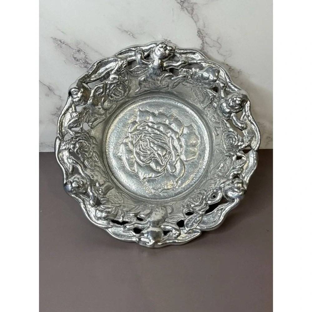 1995 Arthur Court Aluminum Bunny Rabbit and Rose Flower Bowl